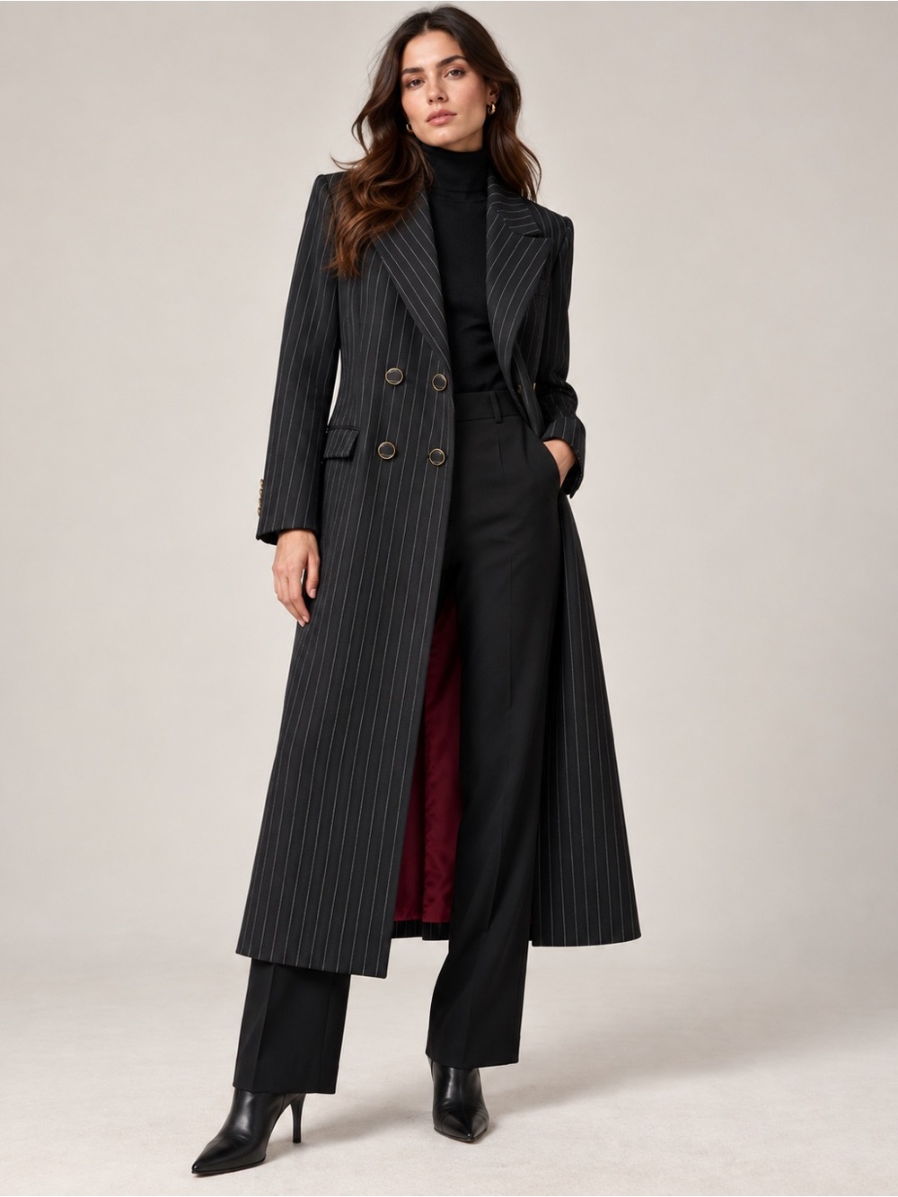Zara A/W 2019 Pinstripe Double Breasted Long Tailored Coat Black Size L